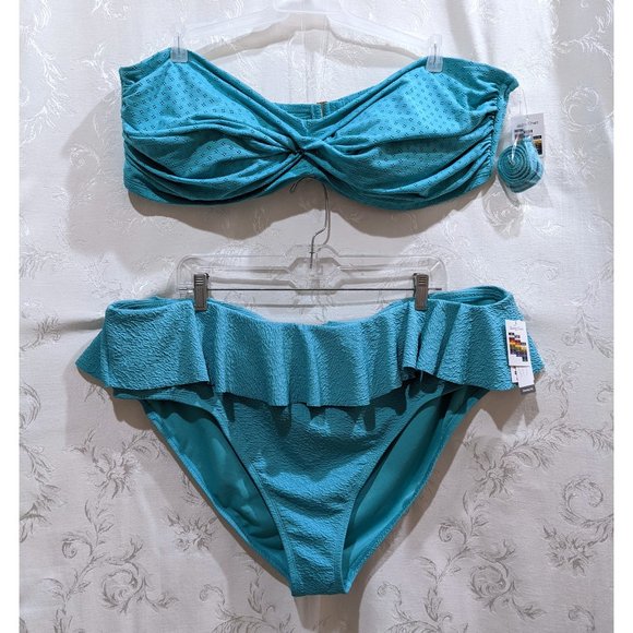 Ruffle High Waist Eyelet Twist Bandeau Two Piece Swim Suit Set 3X Turquoise - Picture 1 of 7